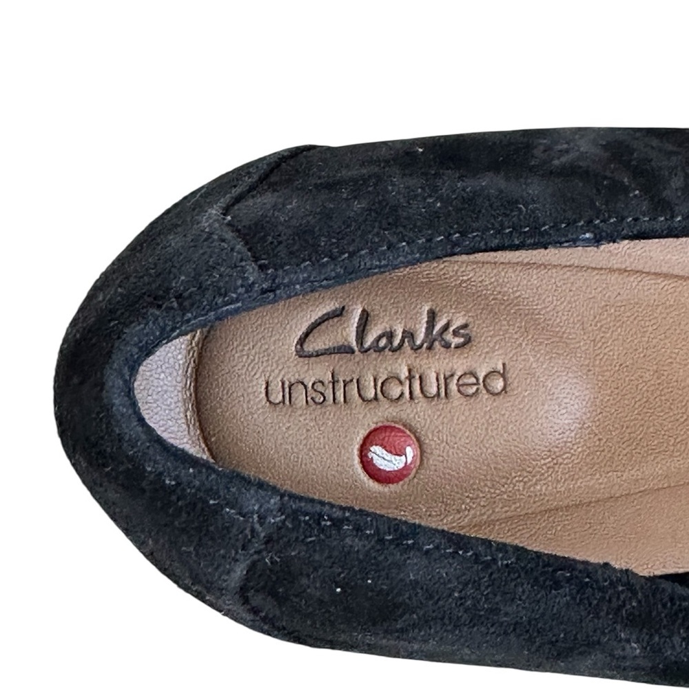 Clarks Black Suede Block Heel Loafers with Buckle - Picture 8 of 9